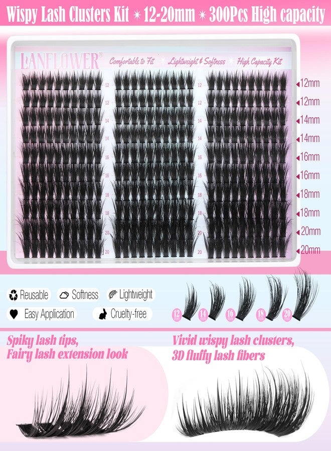 Lanflower Wispy Lash Clusters Kit Fairy Lash Extension Kit 300Pcs Wispy Eyelash Extension Kit Natural Cluster Eyelash Extensions Kit 12-20mm Eyelash Clusters CD Curl Individual Lashes Clusters - Image 4